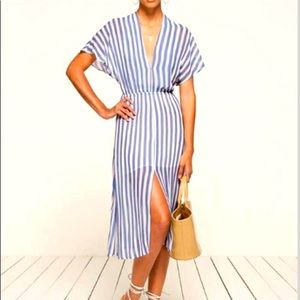 Reformation Blue and White Striped V-Neck Midi Dress